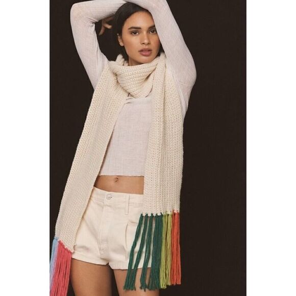 New! By Anthropologie Wool Blend White Rainbow Fringe Chunky Knit Scarf - Picture 2 of 3